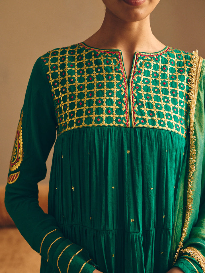 Green Embroidered Anarkali Kurta with Palazzo & Dupatta