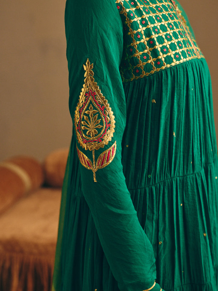 Green Embroidered Anarkali Kurta with Palazzo & Dupatta