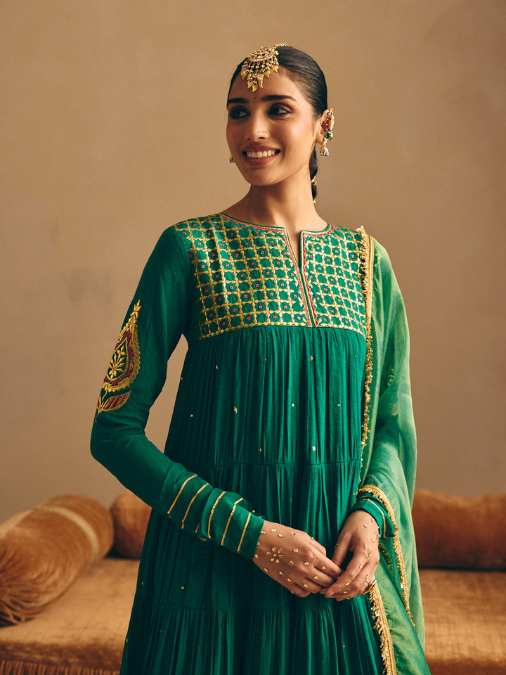 Green Embroidered Anarkali Kurta with Palazzo & Dupatta