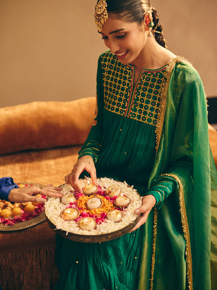 Green Embroidered Anarkali Kurta with Palazzo & Dupatta