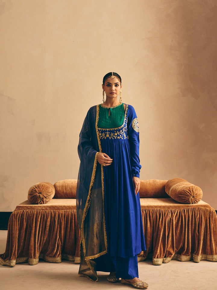 Blue Embroidered Anarkali Kurta with Palazzo & Dupatta