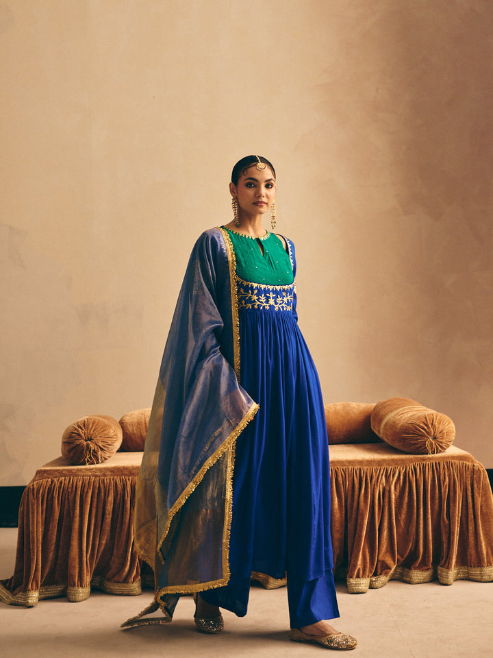 Blue Embroidered Anarkali Kurta with Palazzo & Dupatta