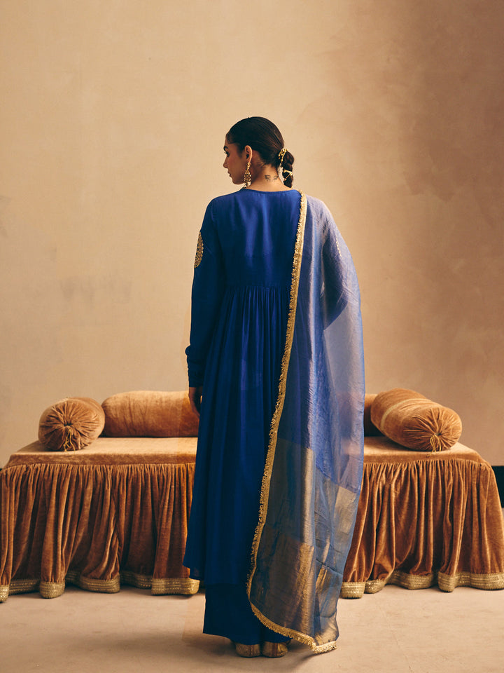 Blue Embroidered Anarkali Kurta with Palazzo & Dupatta