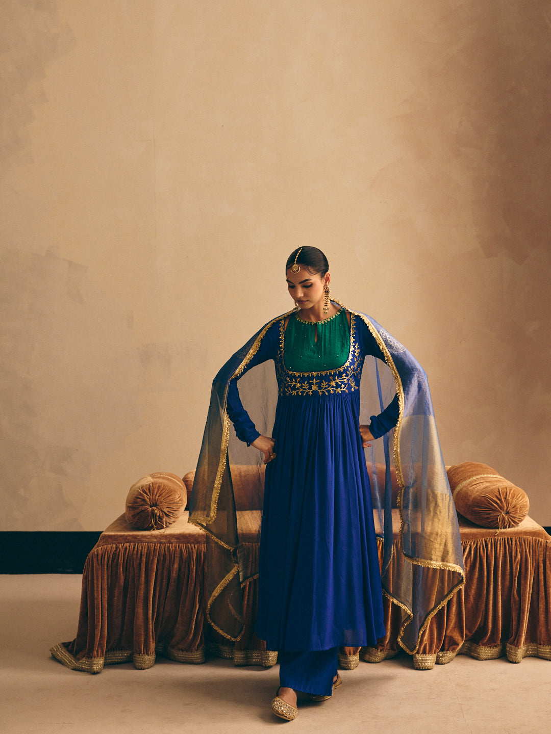 Blue Embroidered Anarkali Kurta with Palazzo & Dupatta