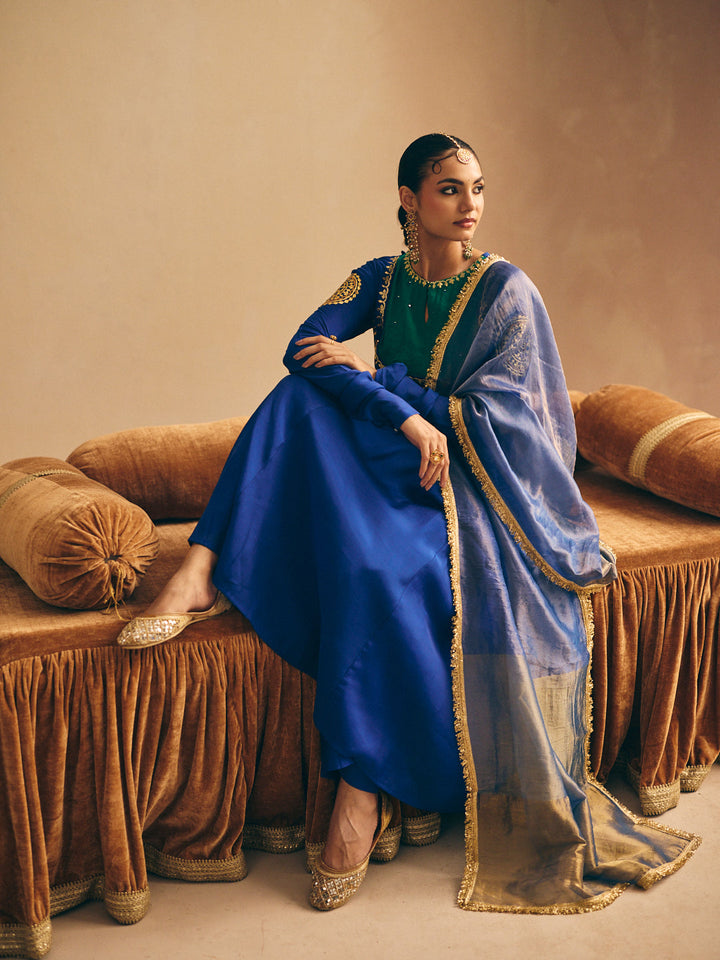 Blue Embroidered Anarkali Kurta with Palazzo & Dupatta