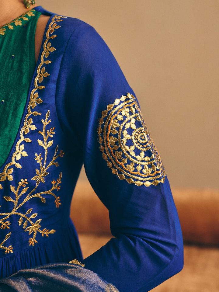 Blue Embroidered Anarkali Kurta with Palazzo & Dupatta
