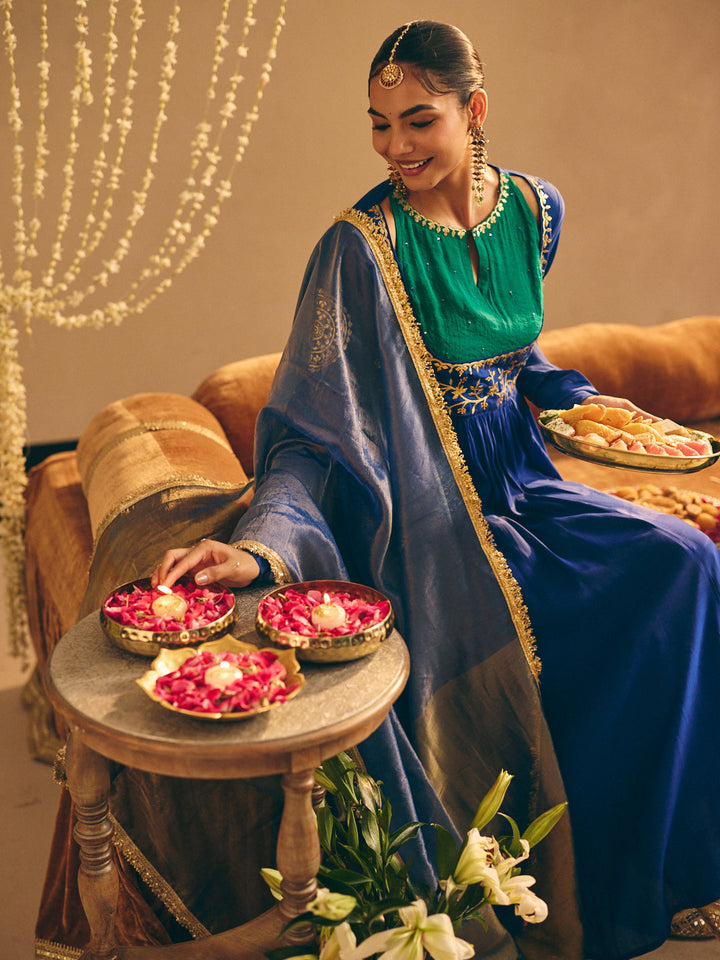 Blue Embroidered Anarkali Kurta with Palazzo & Dupatta