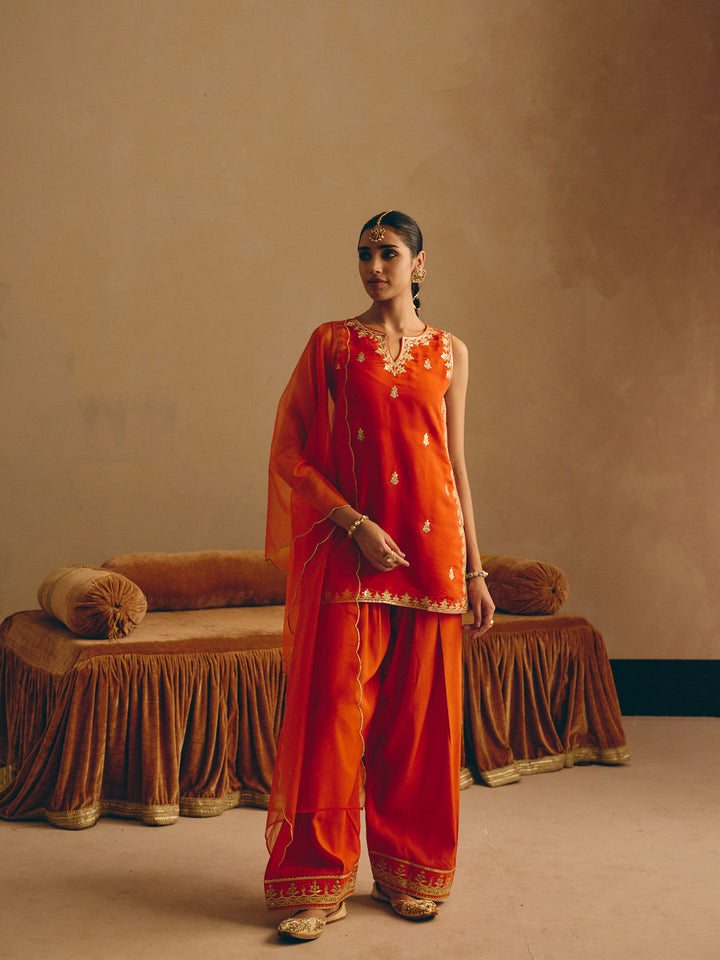 Orange Embroidered Straight Kurta with Farsi Salwar & Dupatta