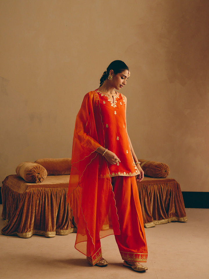 Orange Embroidered Straight Kurta with Farsi Salwar & Dupatta