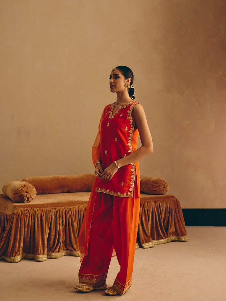 Orange Embroidered Straight Kurta with Farsi Salwar & Dupatta