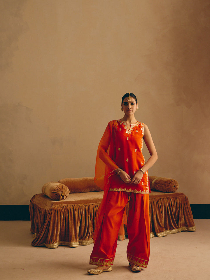 Orange Embroidered Straight Kurta with Farsi Salwar & Dupatta