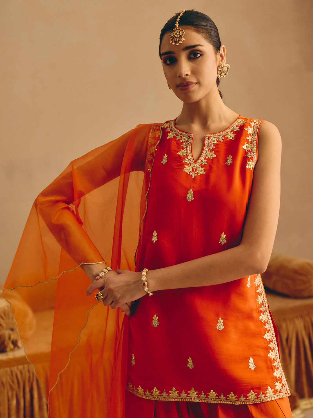 Orange Embroidered Straight Kurta with Farsi Salwar & Dupatta