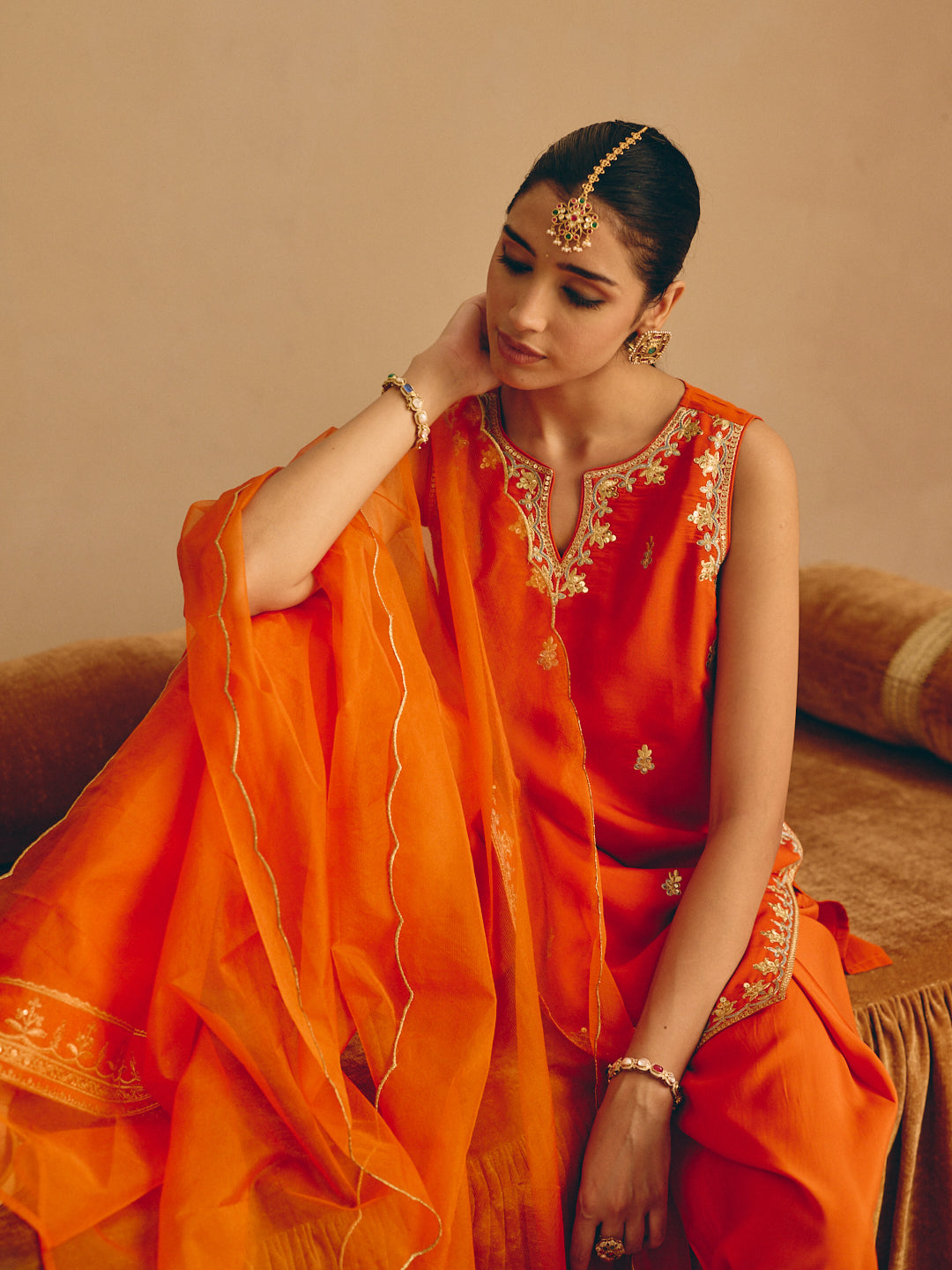 Orange Embroidered Straight Kurta with Farsi Salwar & Dupatta
