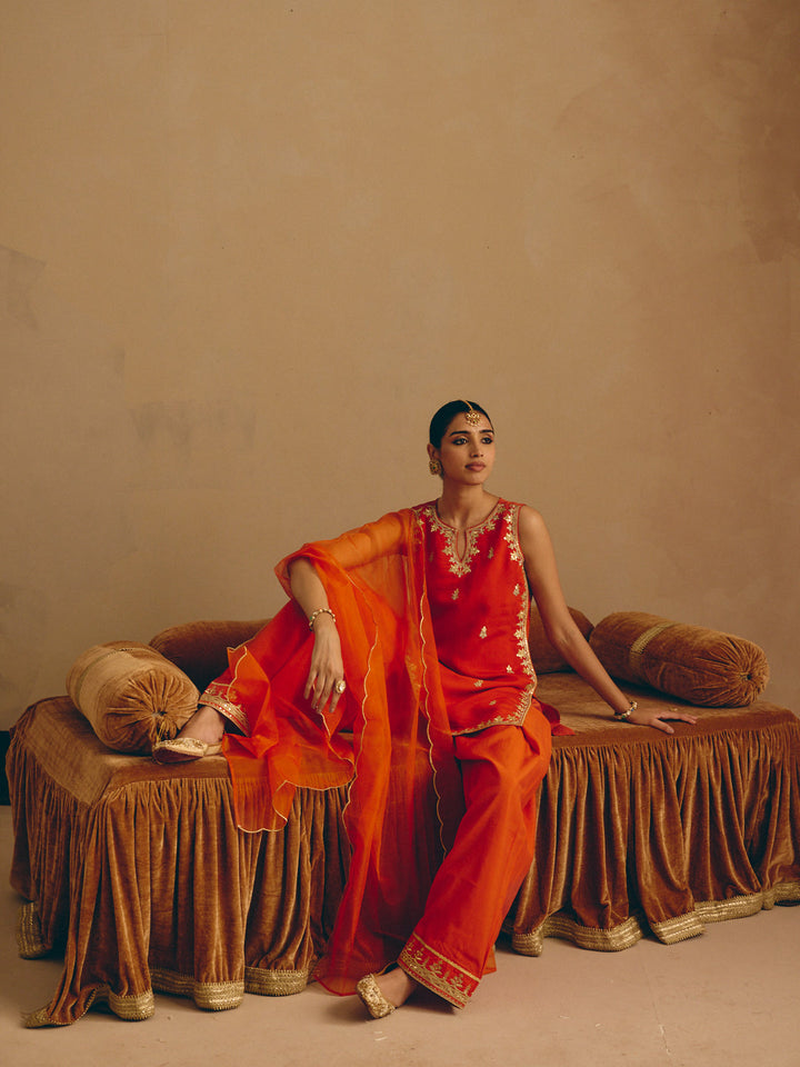 Orange Embroidered Straight Kurta with Farsi Salwar & Dupatta