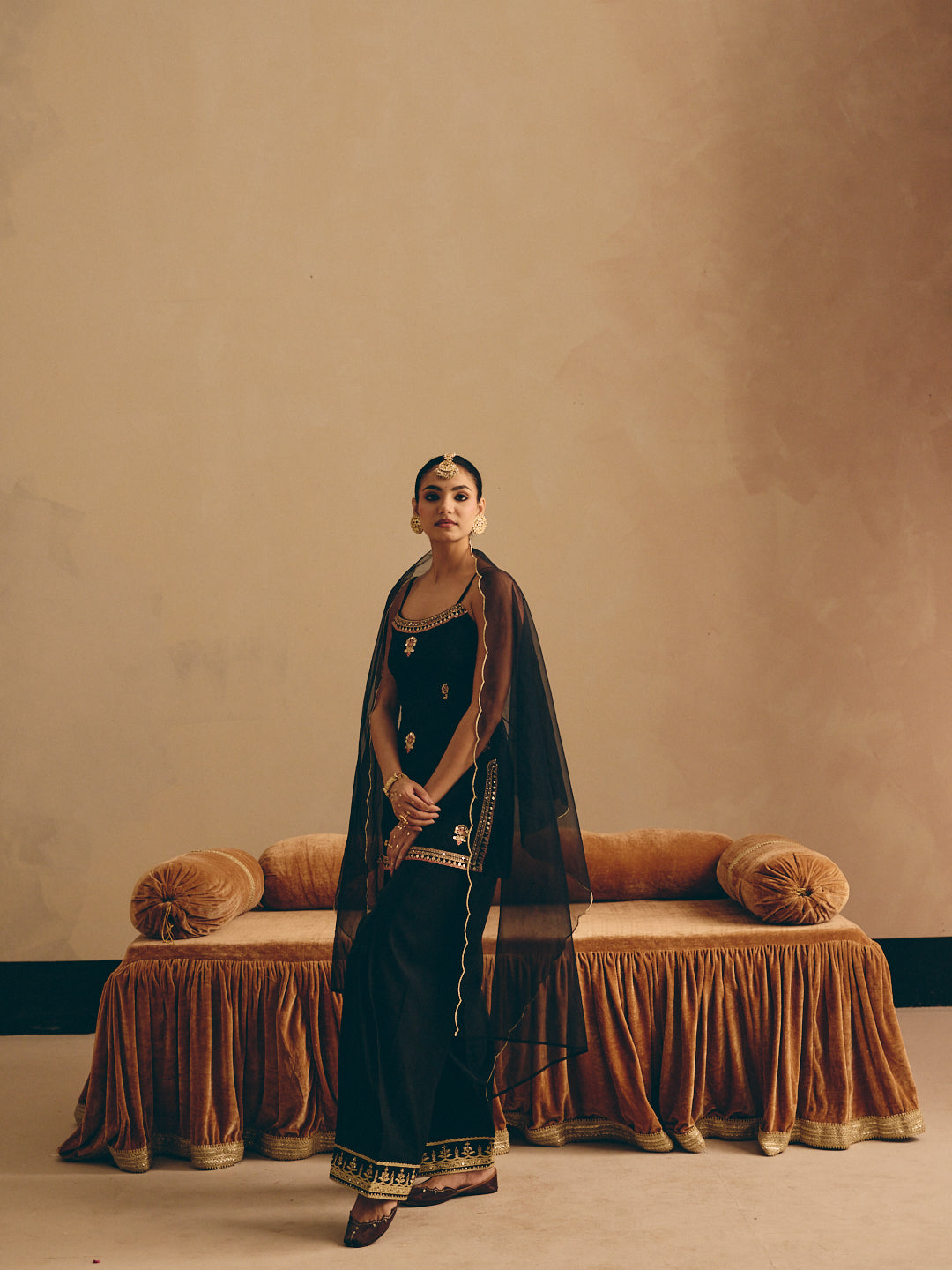Black Embroidered Straight Kurta with Farsi Salwar & Dupatta