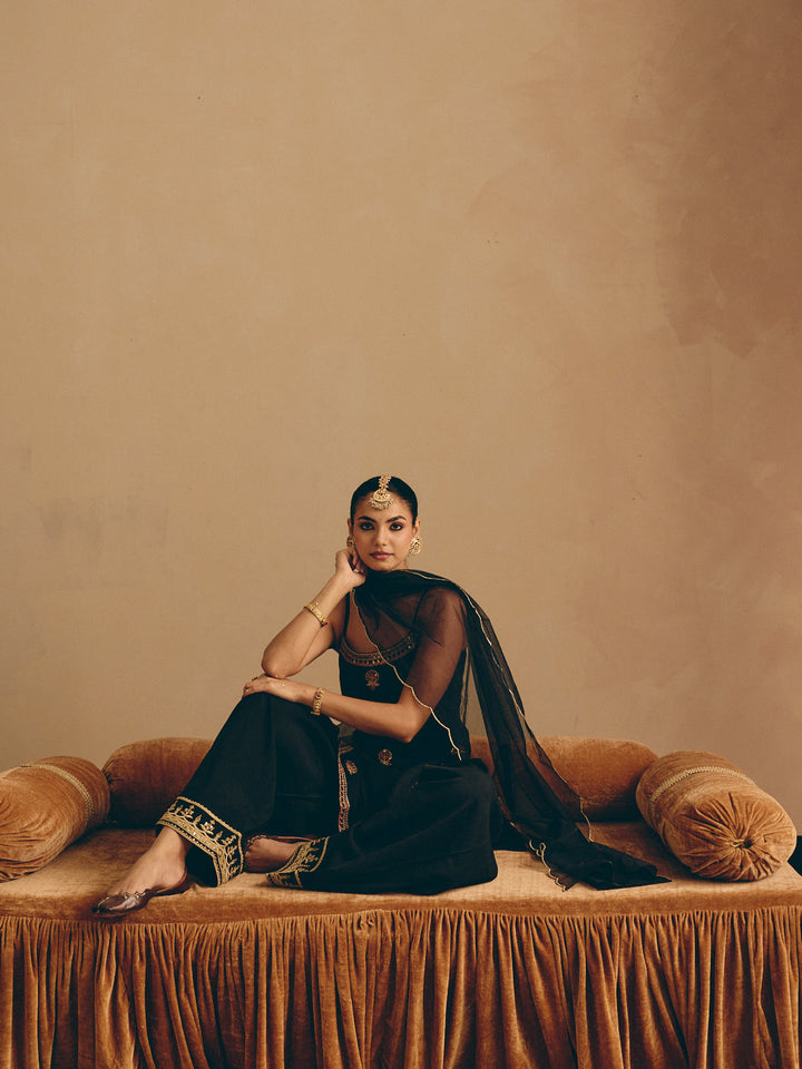 Black Embroidered Straight Kurta with Farsi Salwar & Dupatta