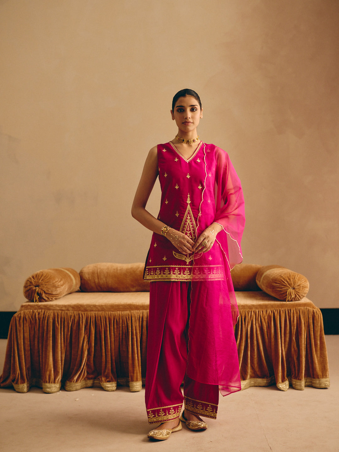 Rani Pink Embroidered Straight Kurta with Farsi Salwar & Dupatta
