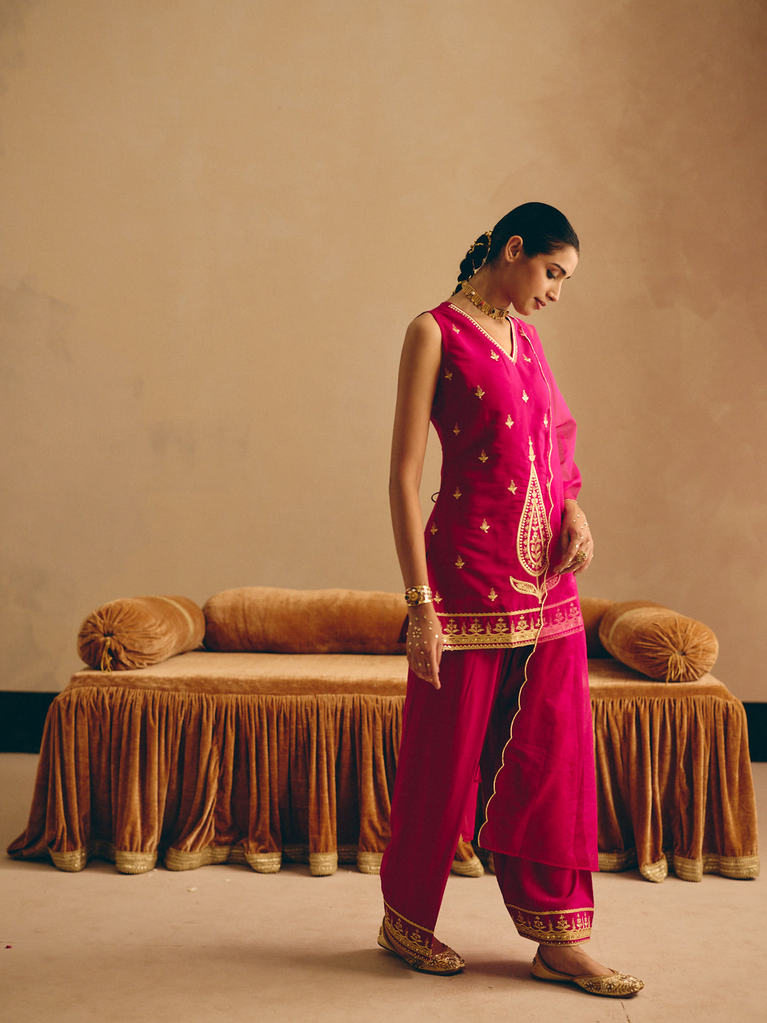 Rani Pink Embroidered Straight Kurta with Farsi Salwar & Dupatta