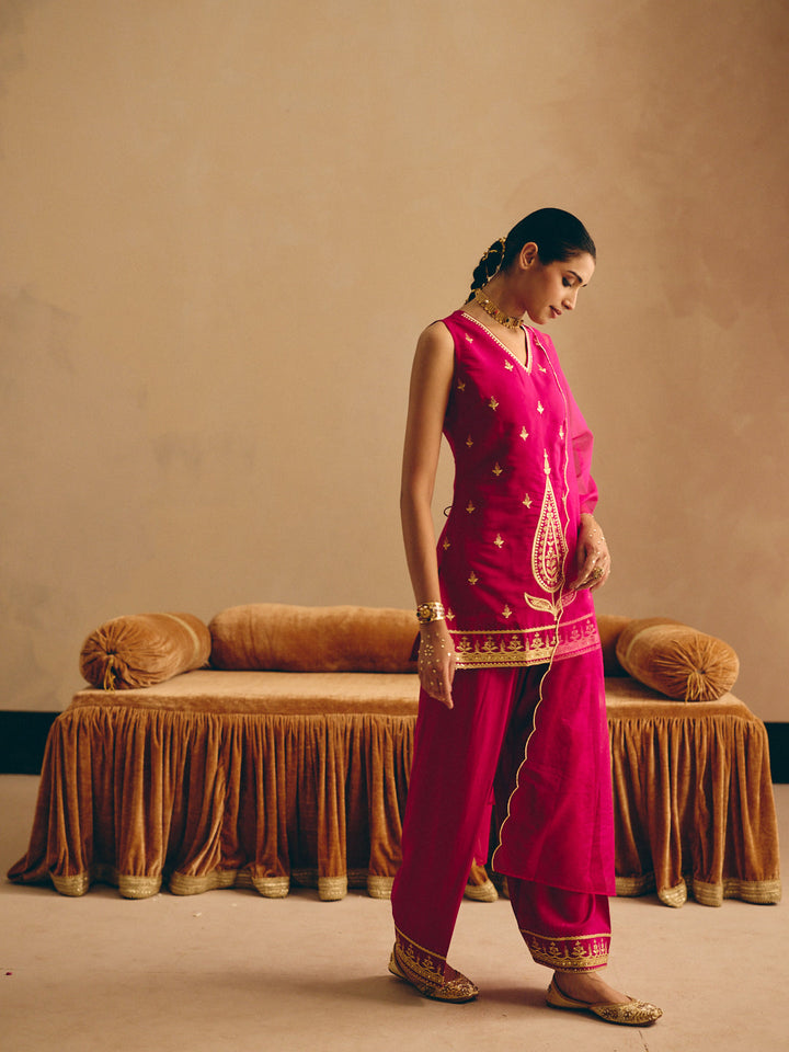 Rani Pink Embroidered Straight Kurta with Farsi Salwar & Dupatta
