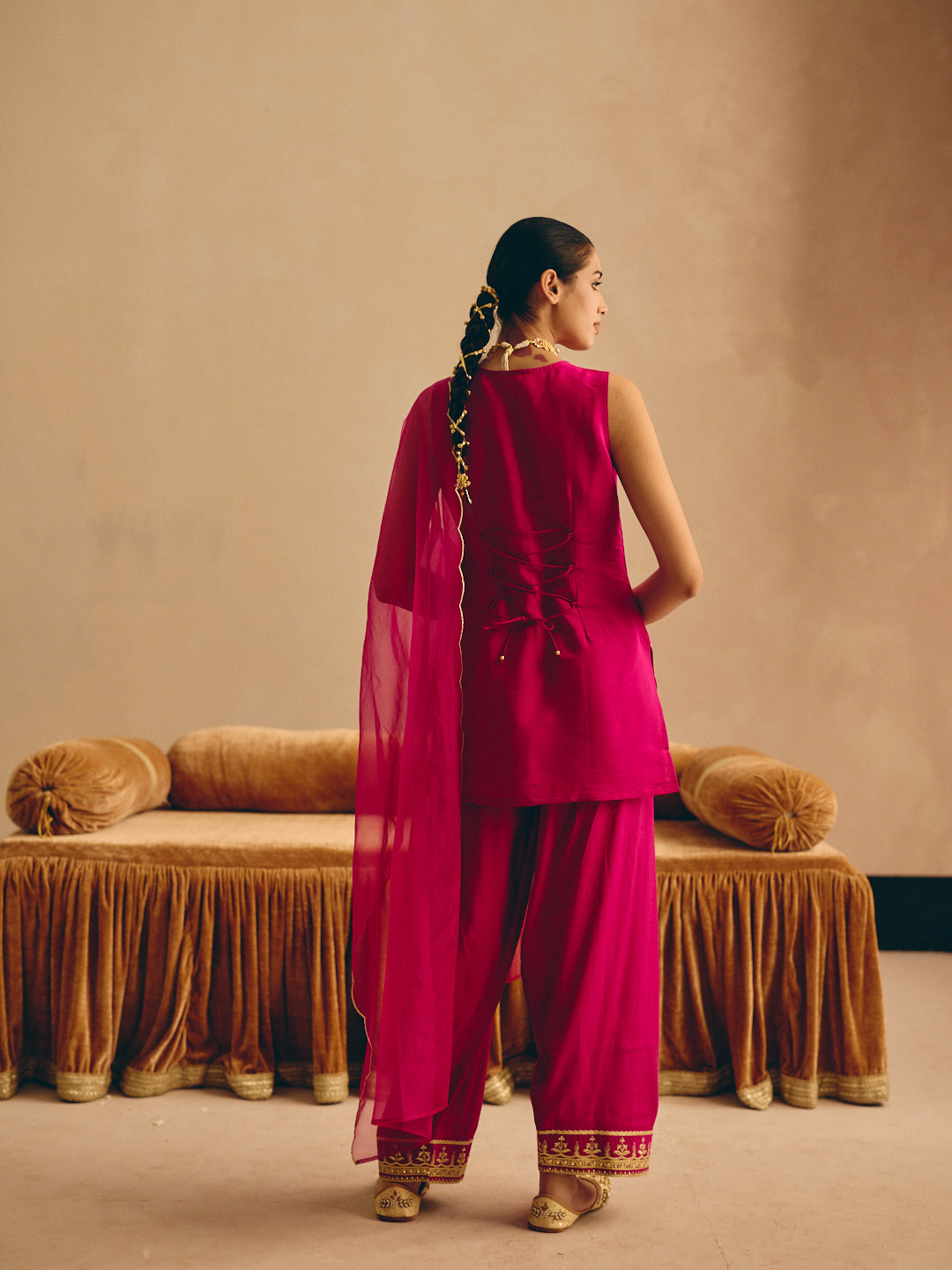 Rani Pink Embroidered Straight Kurta with Farsi Salwar & Dupatta