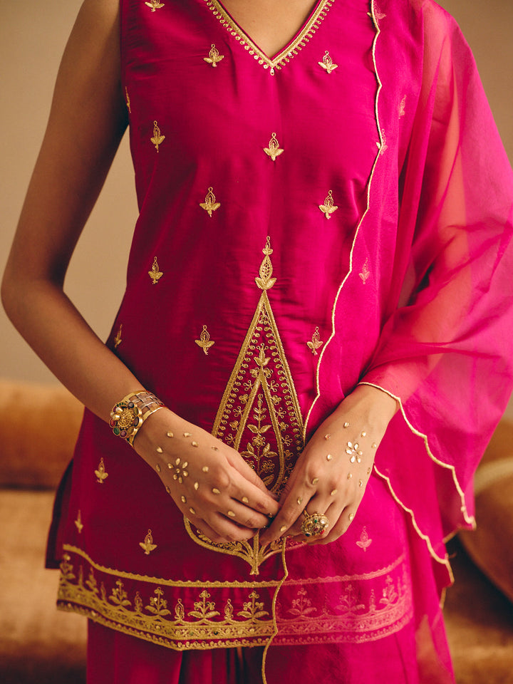 Rani Pink Embroidered Straight Kurta with Farsi Salwar & Dupatta