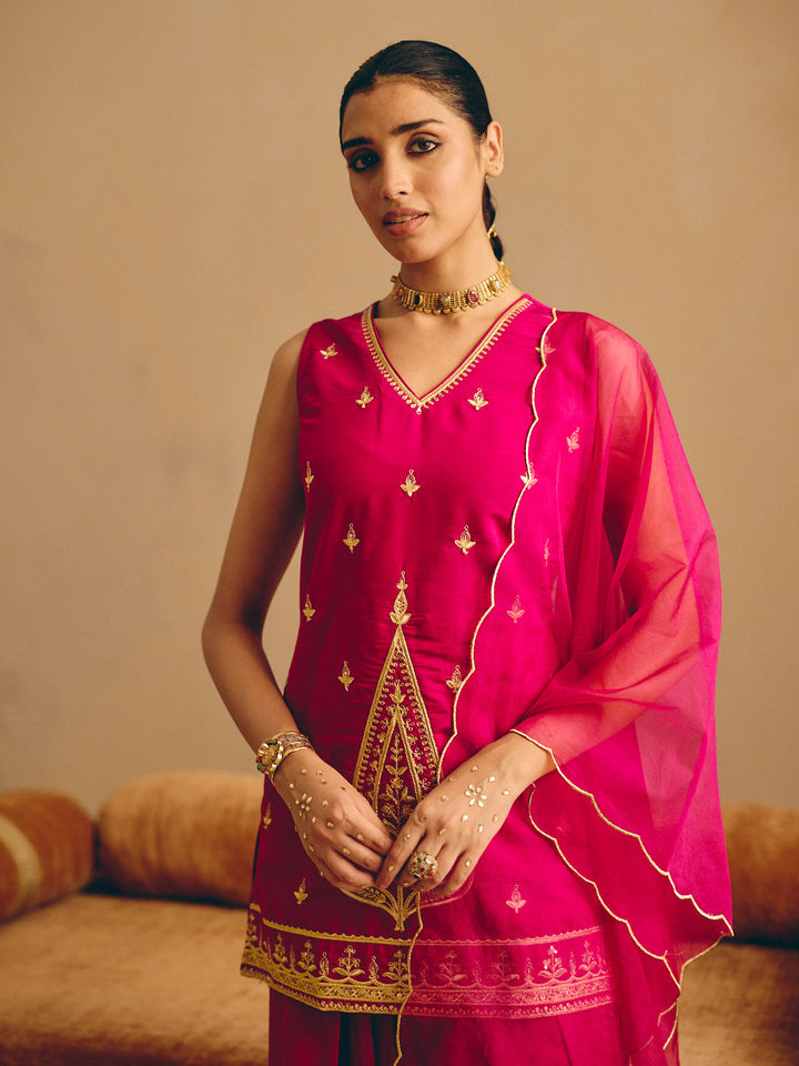 Rani Pink Embroidered Straight Kurta with Farsi Salwar & Dupatta