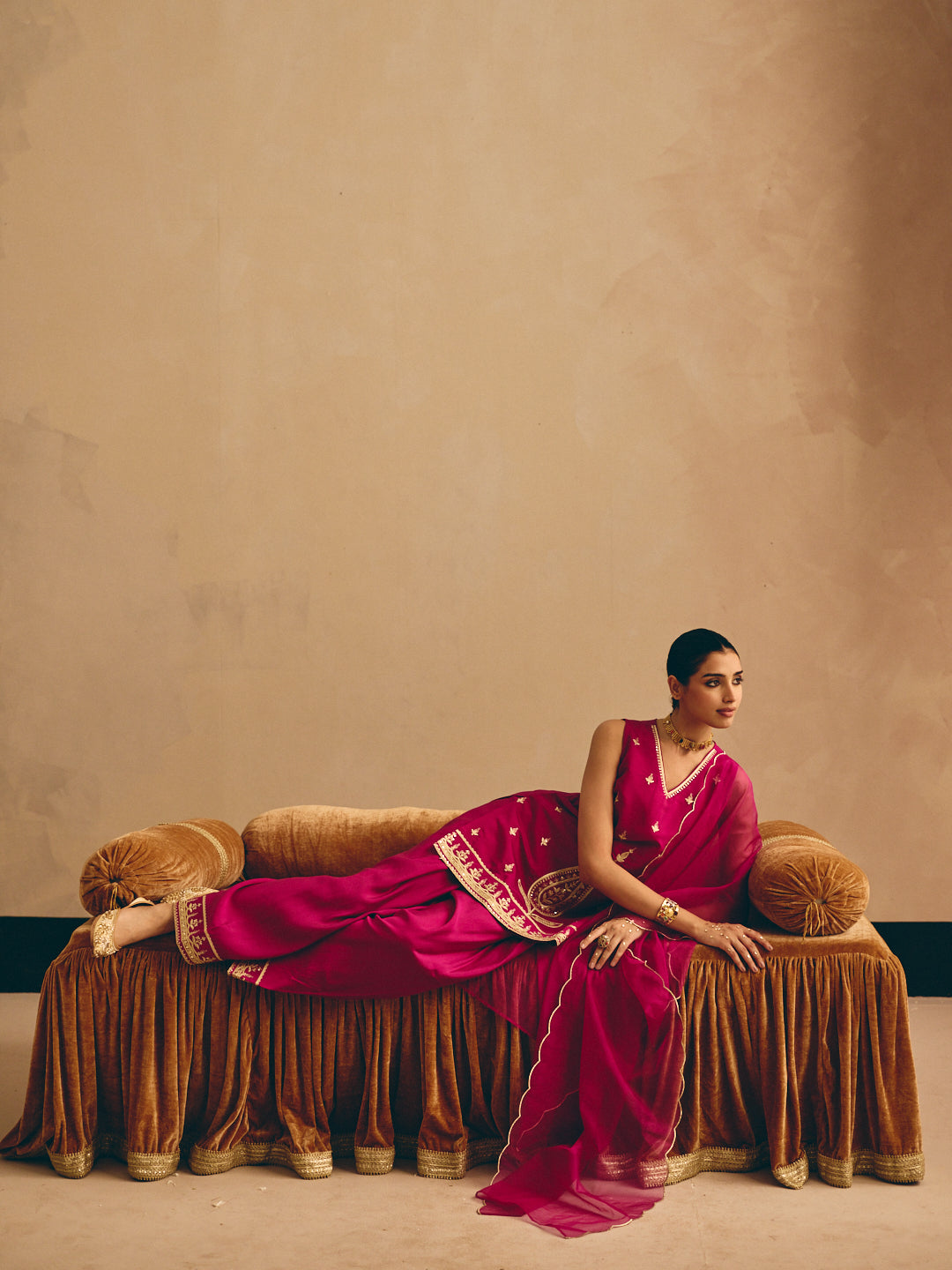 Rani Pink Embroidered Straight Kurta with Farsi Salwar & Dupatta