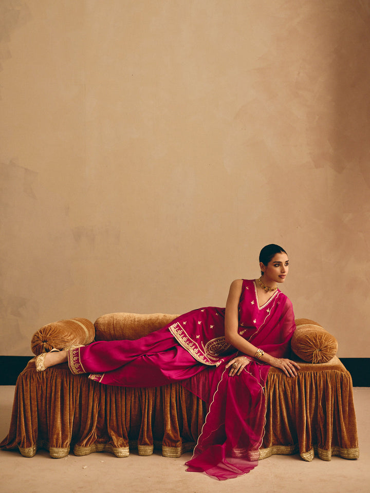 Rani Pink Embroidered Straight Kurta with Farsi Salwar & Dupatta