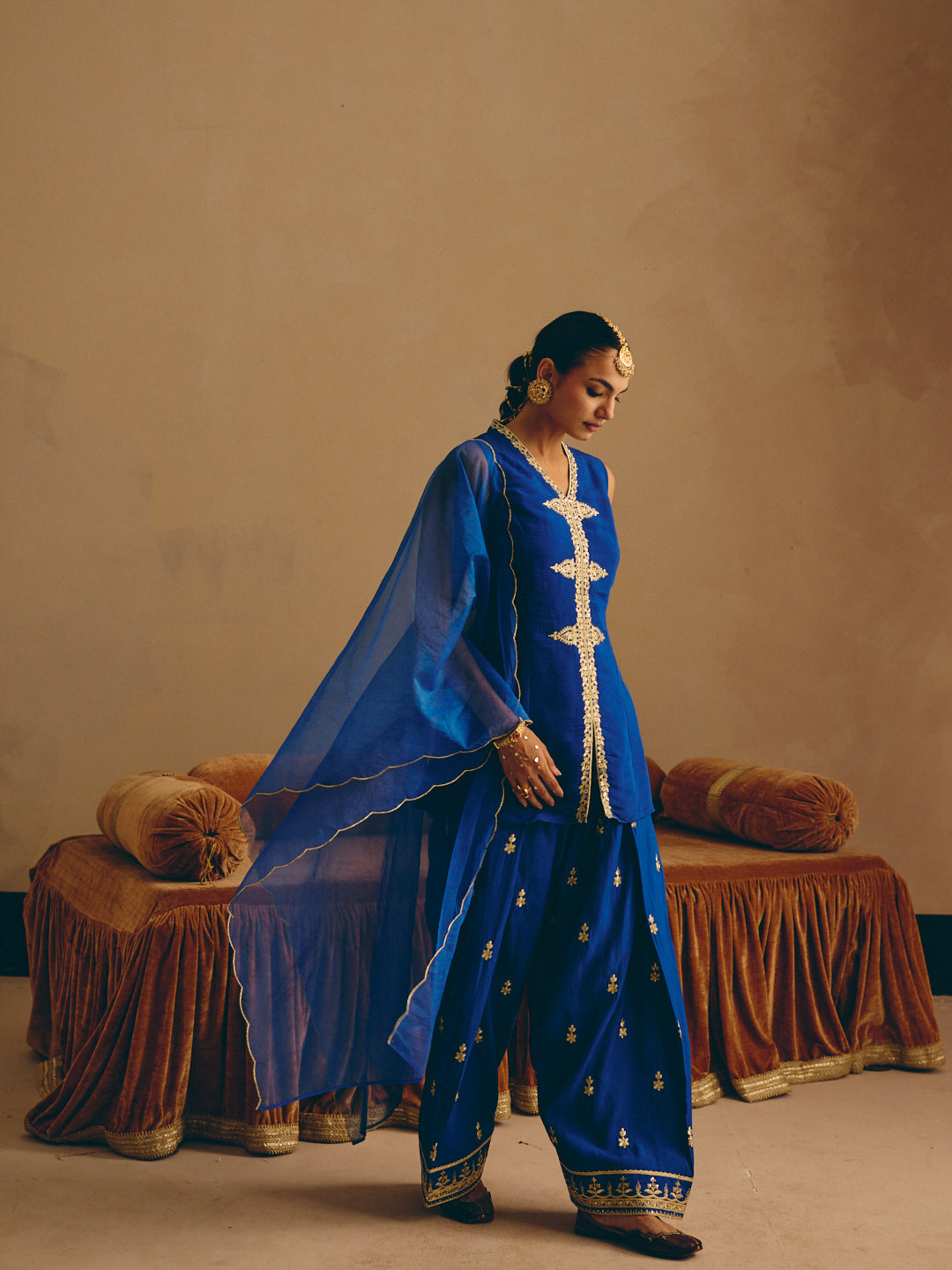 Blue Embroidered Straight Kurta with Farsi Salwar & Dupatta