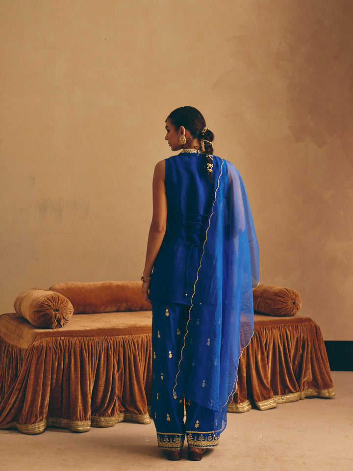 Blue Embroidered Straight Kurta with Farsi Salwar & Dupatta