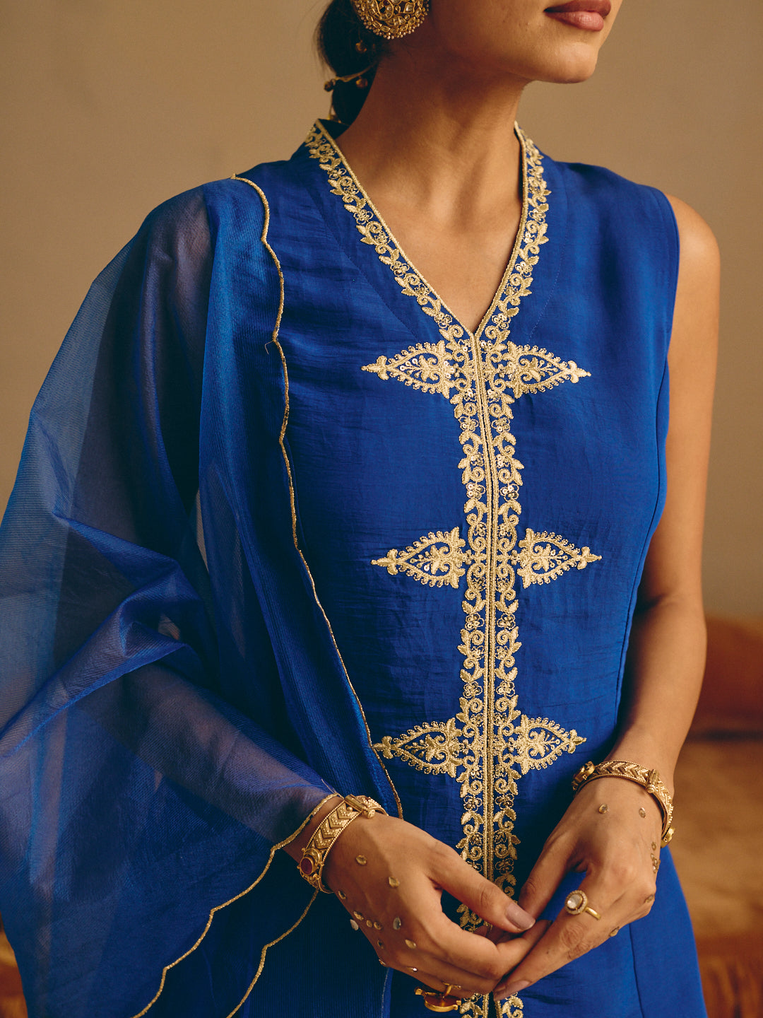 Blue Embroidered Straight Kurta with Farsi Salwar & Dupatta