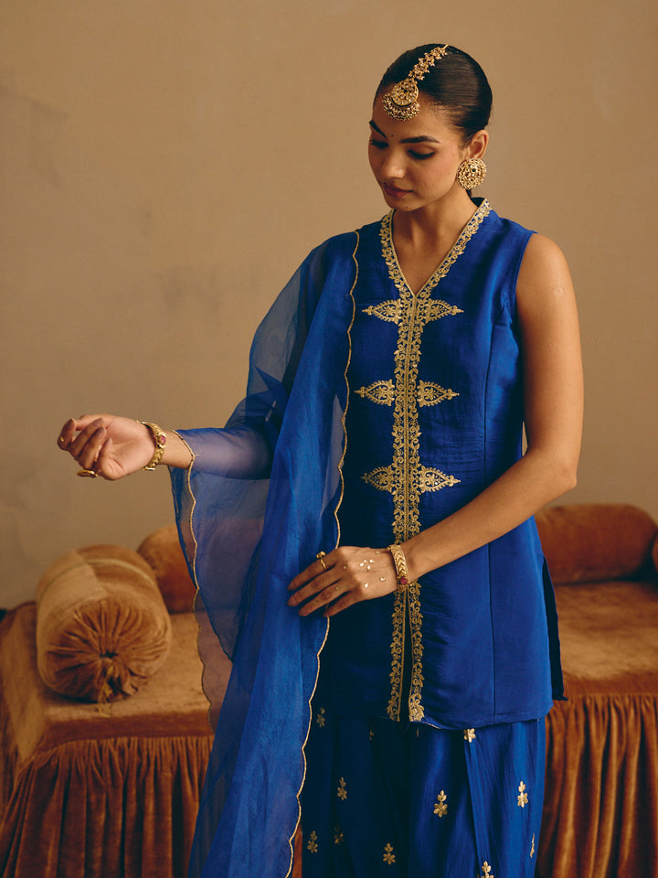 Blue Embroidered Straight Kurta with Farsi Salwar & Dupatta