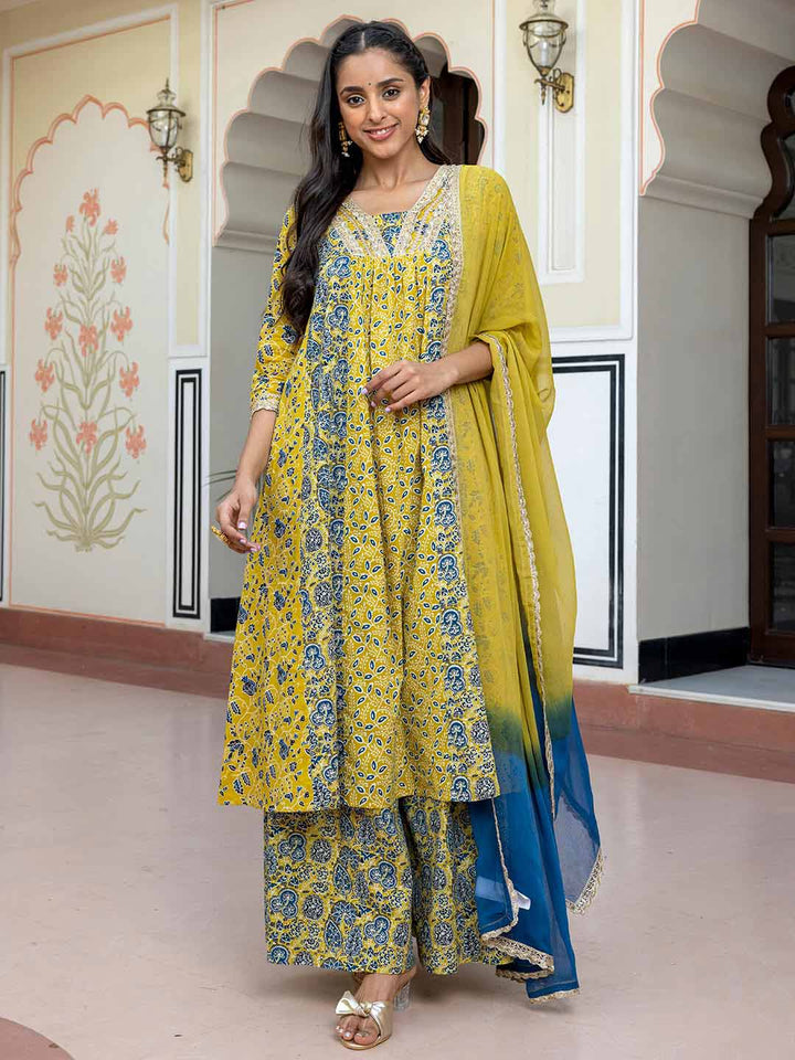 Pale Yellow & Blue Cotton A-Line 3-Piece Kurta Set