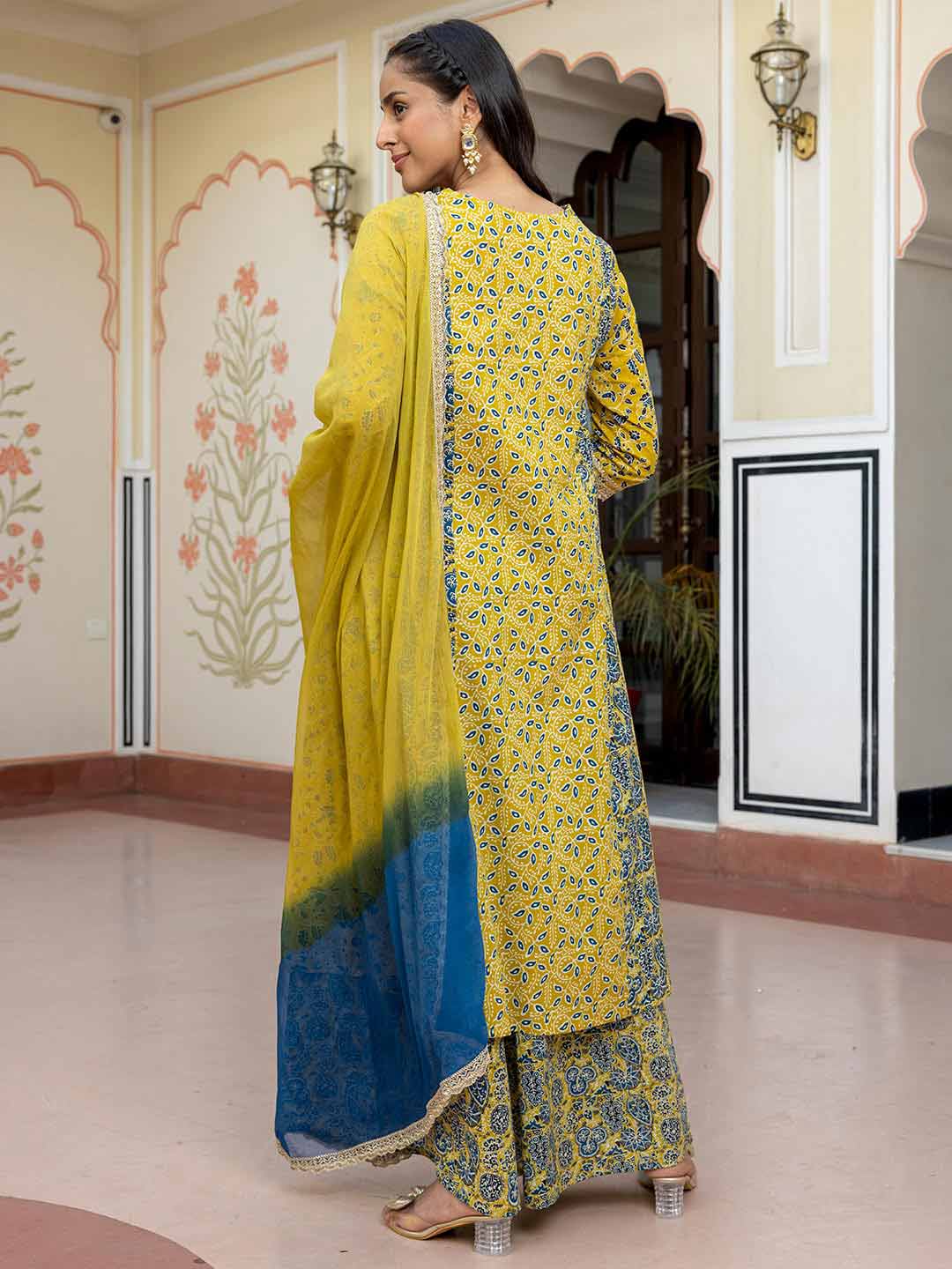 Pale Yellow & Blue Cotton A-Line 3-Piece Kurta Set