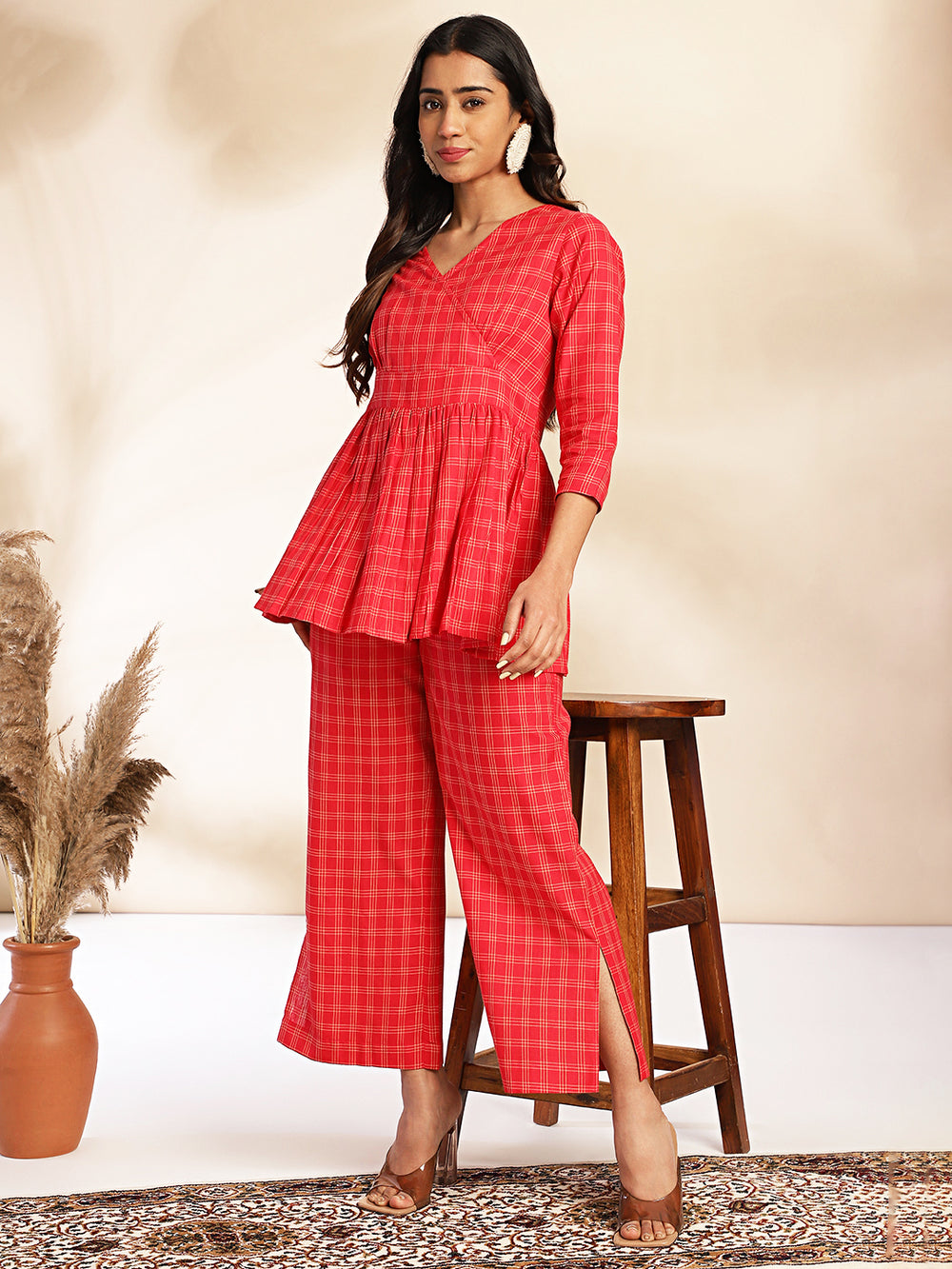 Red-Cotton-Checked-V-Neck-Co-ord-Set