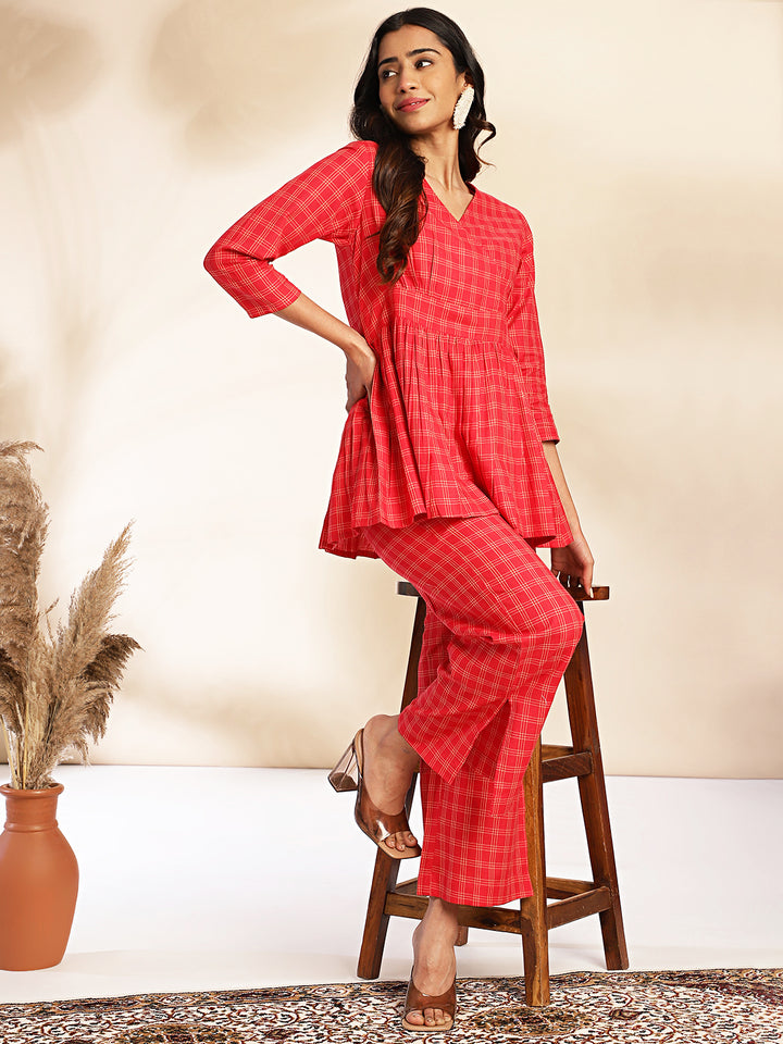 Red-Cotton-Checked-V-Neck-Co-ord-Set