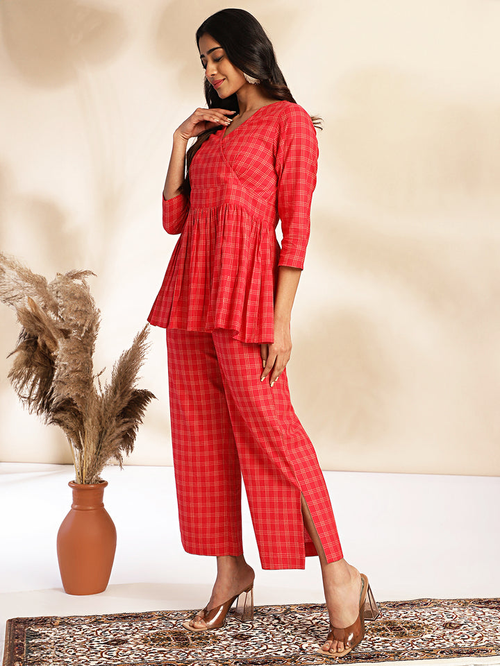 Red-Cotton-Checked-V-Neck-Co-ord-Set