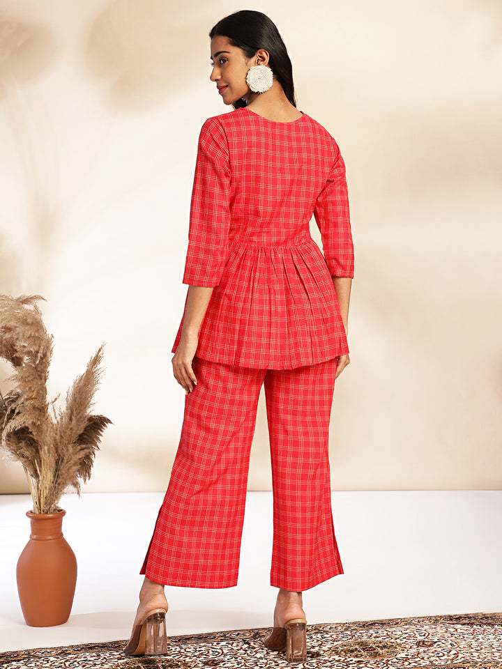 Red-Cotton-Checked-V-Neck-Co-ord-Set