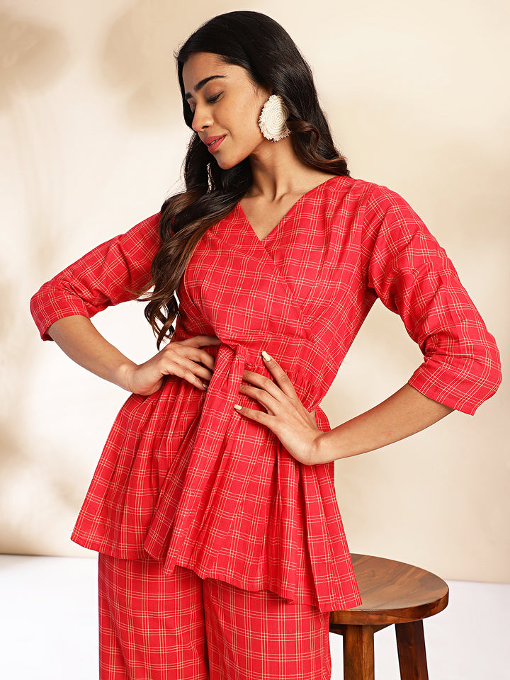 Red-Cotton-Checked-V-Neck-Co-ord-Set