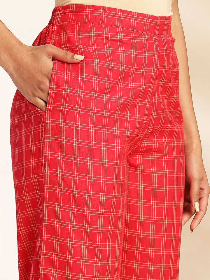 Red-Cotton-Checked-V-Neck-Co-ord-Set