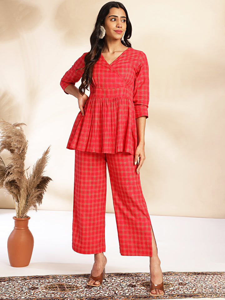 Red-Cotton-Checked-V-Neck-Co-ord-Set