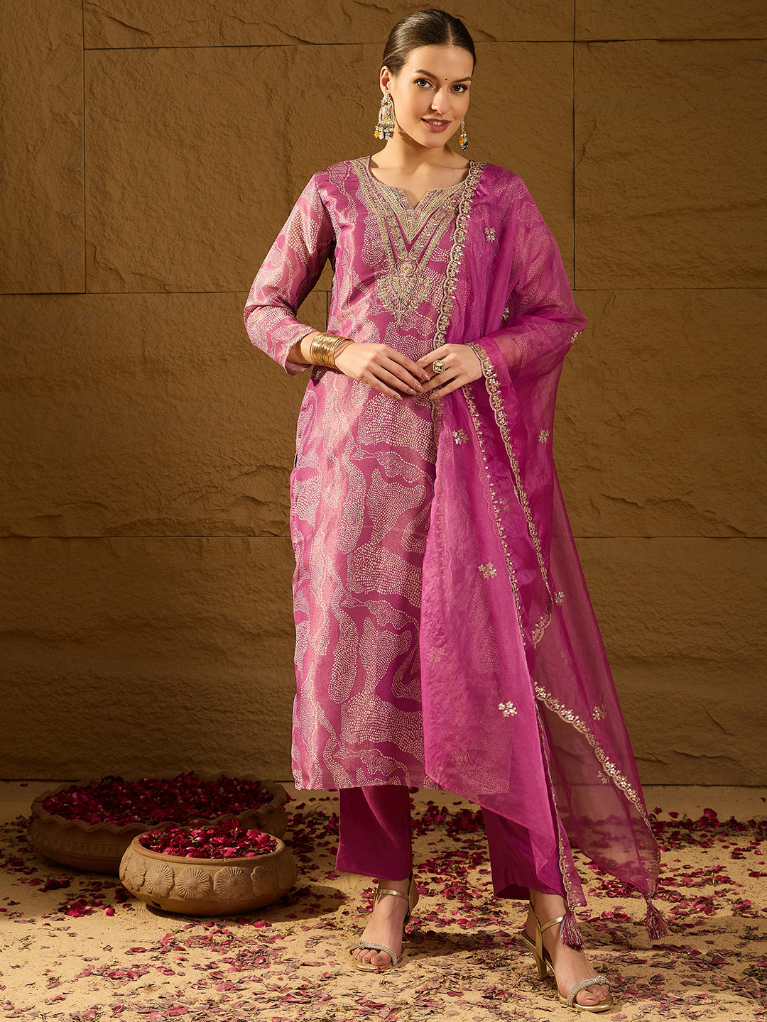Purple Silk Blend Abstract Straight 3-Piece Kurta Set