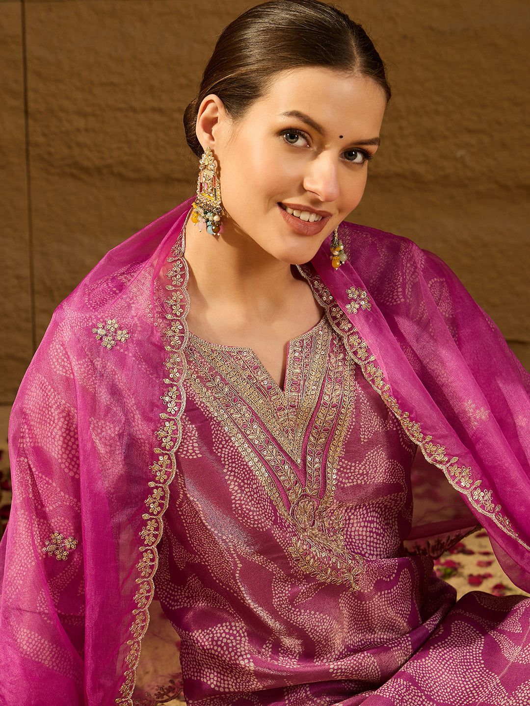 Purple Silk Blend Abstract Straight 3-Piece Kurta Set