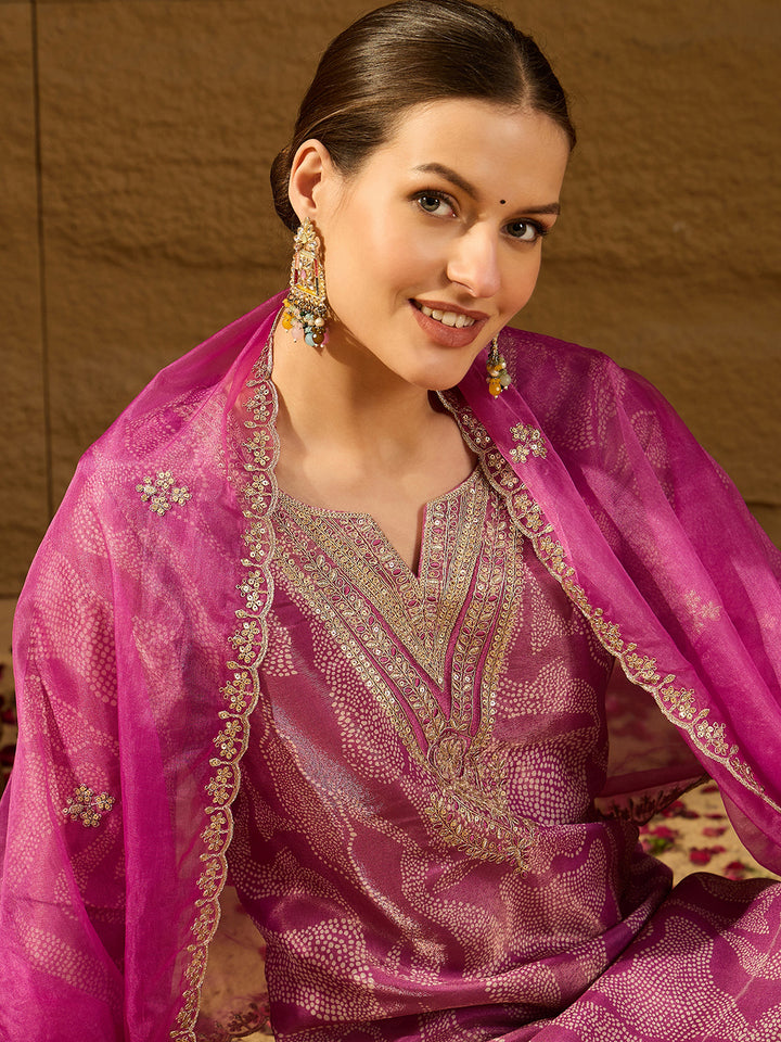 Purple Silk Blend Abstract Straight 3-Piece Kurta Set