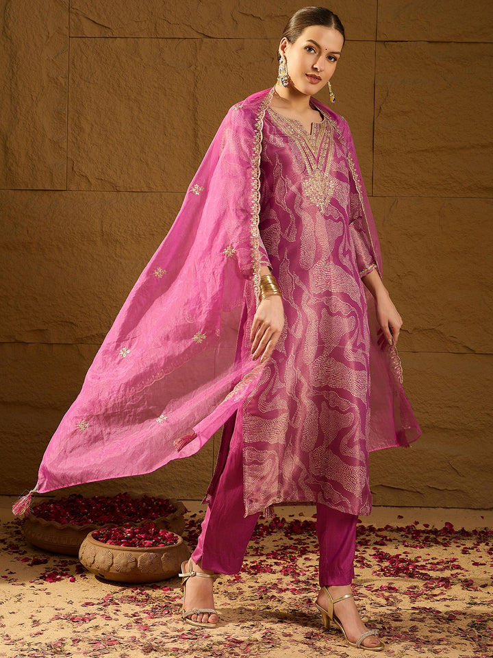Purple Silk Blend Abstract Straight 3-Piece Kurta Set