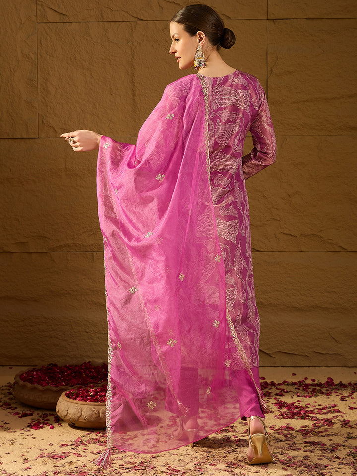 Purple Silk Blend Abstract Straight 3-Piece Kurta Set
