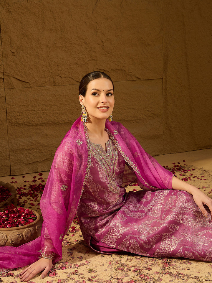 Purple Silk Blend Abstract Straight 3-Piece Kurta Set