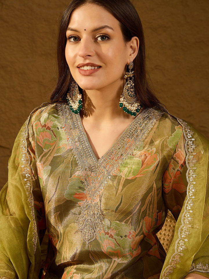 Green Silk Blend Floral Straight 3-Piece Kurta Set