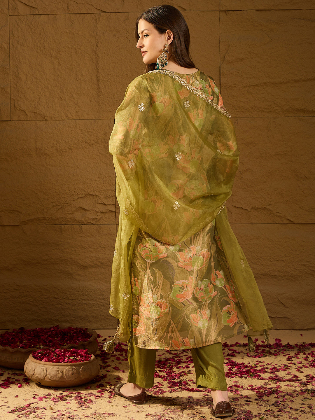 Green Silk Blend Floral Straight 3-Piece Kurta Set