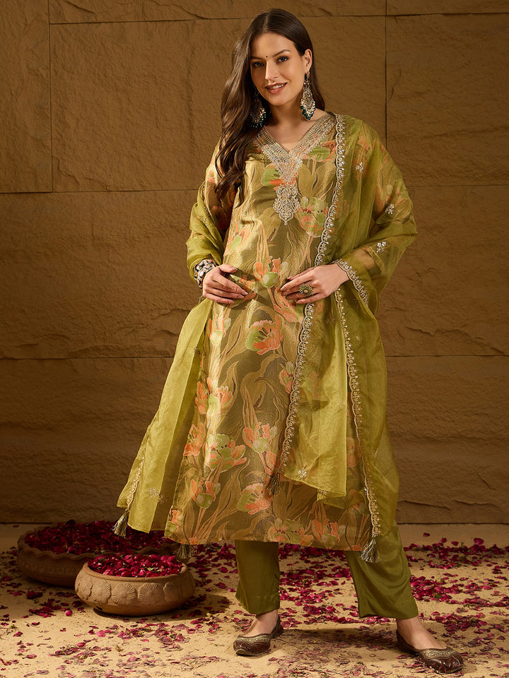 Green Silk Blend Floral Straight 3-Piece Kurta Set